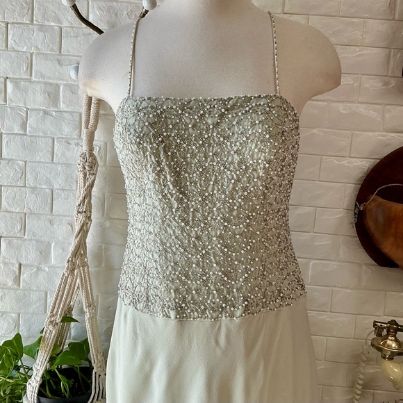 Vintage Dazzelle Inc 100% Silk Ornately Pearl Beaded Layered Chiffon Midi Dress - Picture 4 of 17